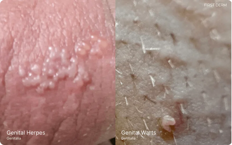 User Two genitial conditions on the penile shaft: Genital Herpes represented by small grouped blisters on red inflamed skin, and Genital Warts depicted as keratinized hard papules.